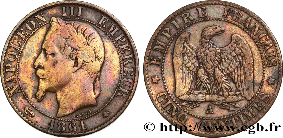 Cinq centimes Napoléon III, tête laurée 1861 Paris F.117/4 BC 