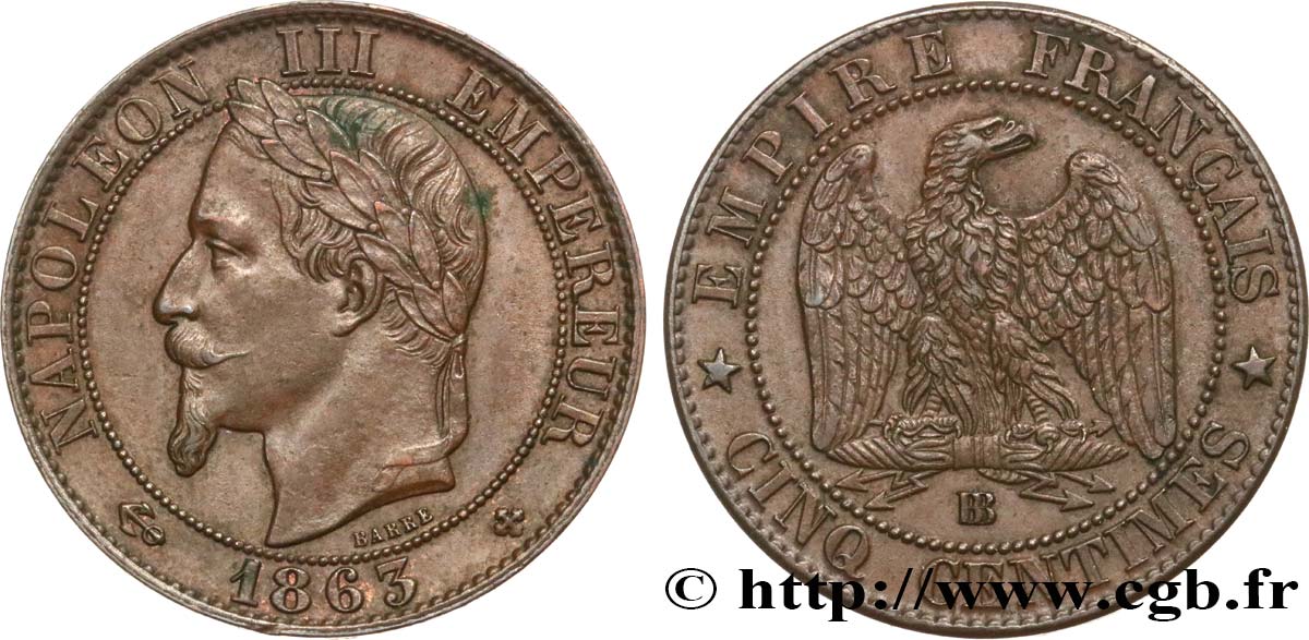 Cinq centimes Napoléon III, tête laurée 1863 Strasbourg F.117/11 SPL55 