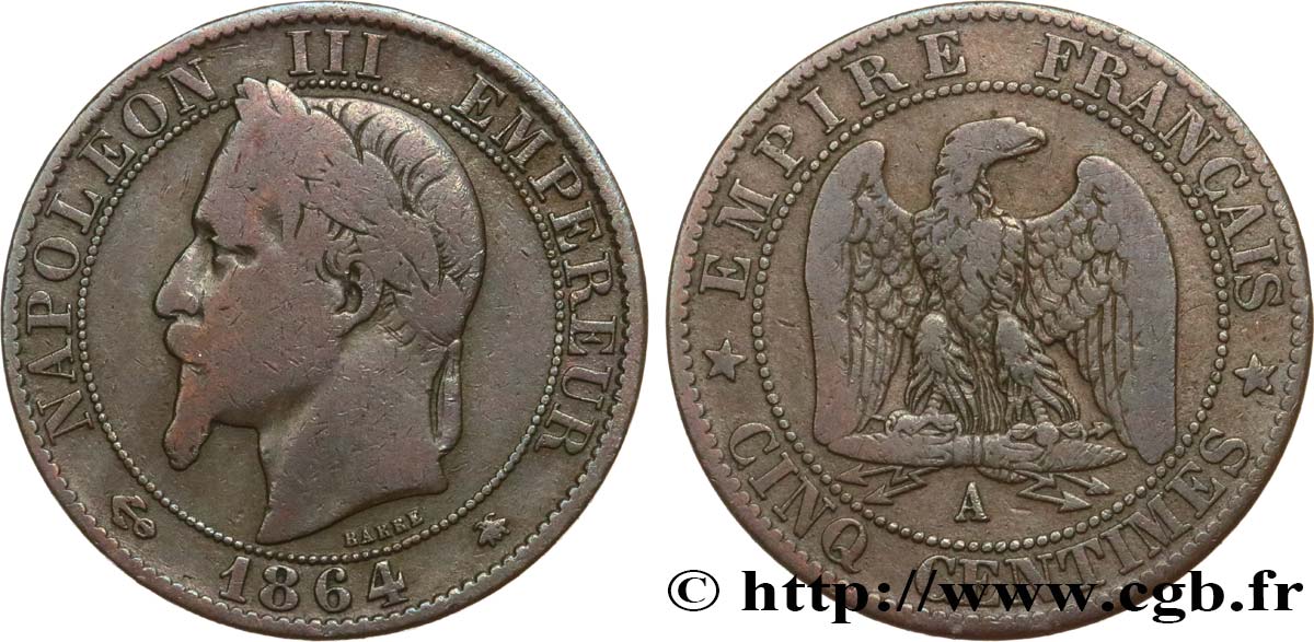 Cinq centimes Napoléon III, tête laurée 1864 Paris F.117/13 B12 