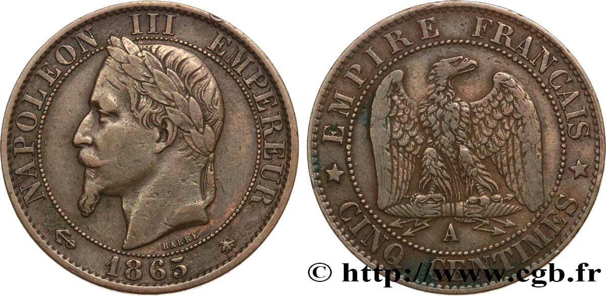 Cinq centimes Napoléon III, tête laurée 1865 Paris F.117/16 VF25 