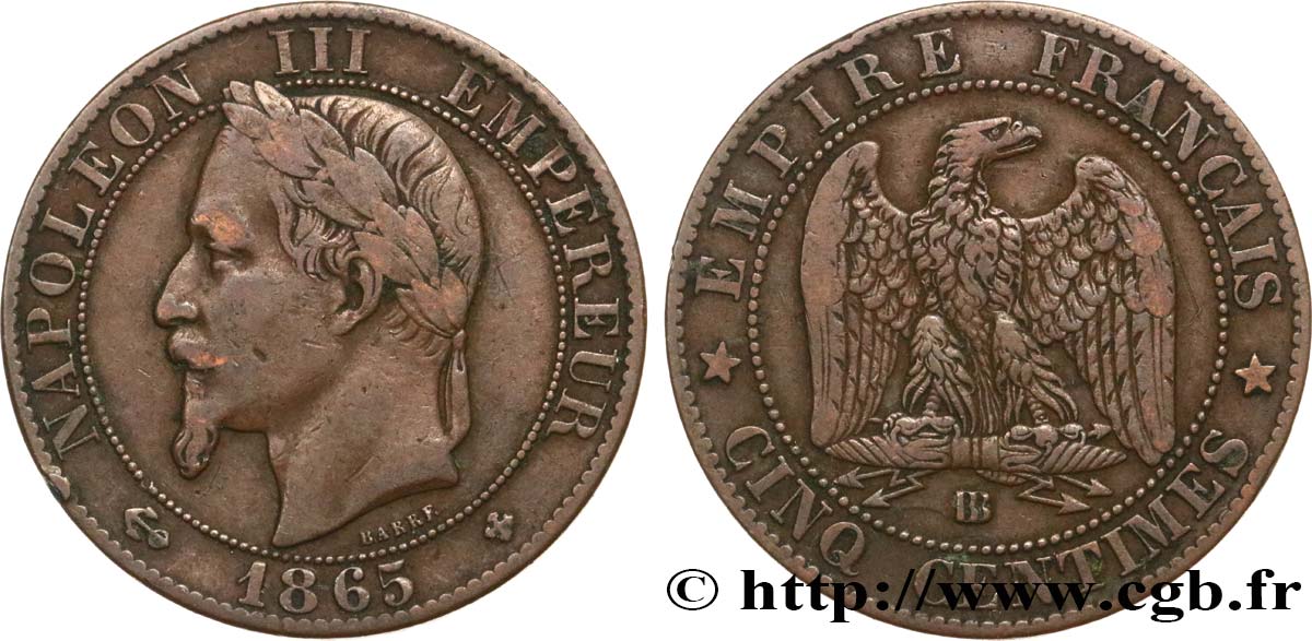 Cinq centimes Napoléon III, tête laurée 1865 Strasbourg F.117/17 VF25 