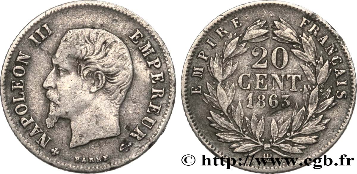 20 centimes Napoléon III, tête nue 1863 Strasbourg F.148/18 TB 