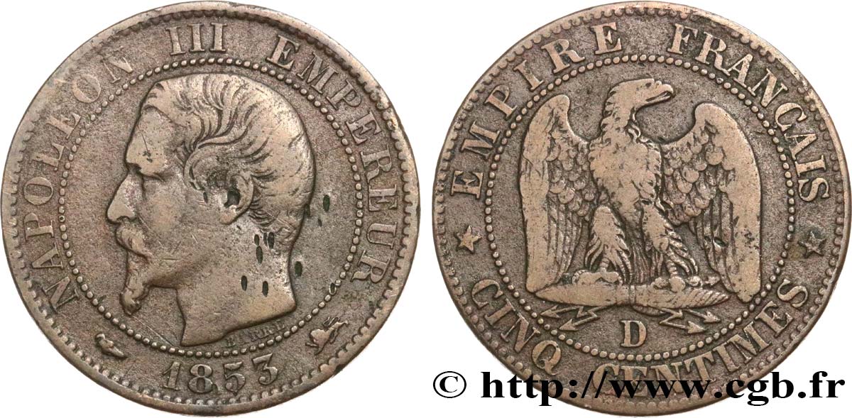 Cinq centimes Napoléon III, tête nue 1853 Lyon F.116/4 F15 