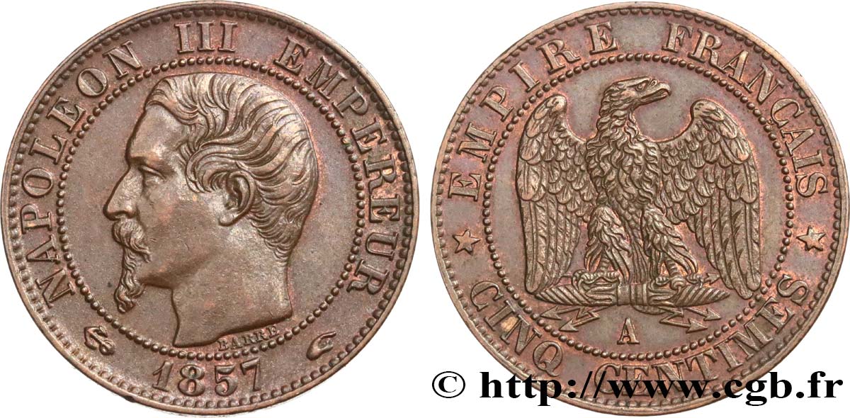 Cinq centimes Napoléon III, tête nue 1857 Paris F.116/37 AU53 