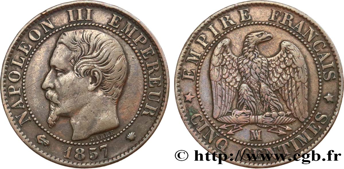 Cinq centimes Napoléon III, tête nue 1857 Marseille F.116/42 MBC40 