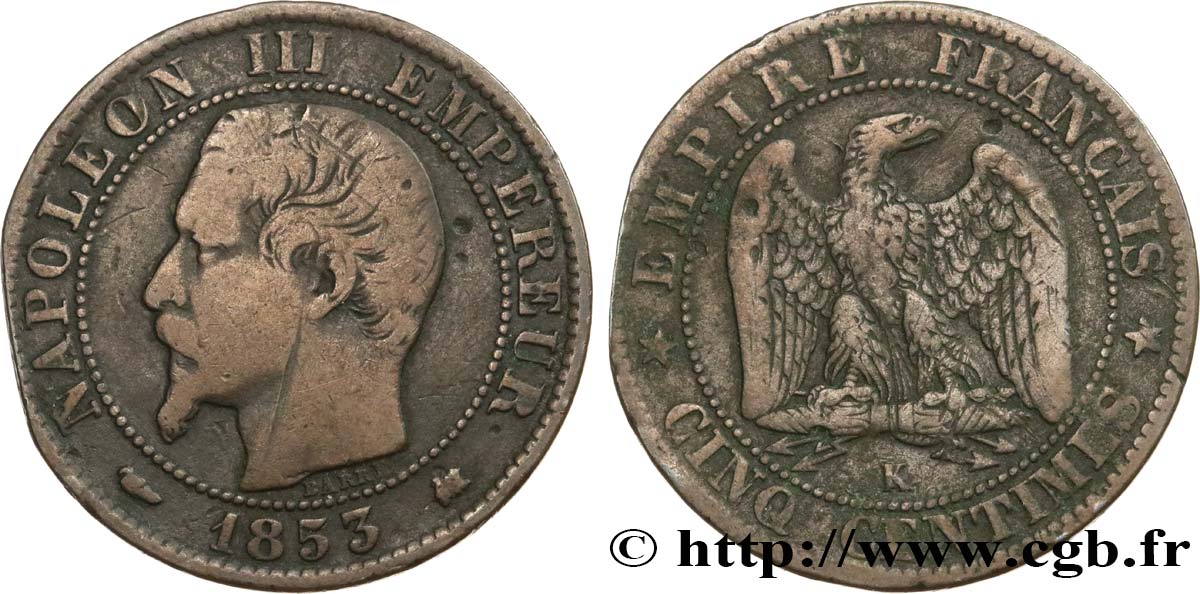 Cinq centimes Napoléon III, tête nue 1853 Bordeaux F.116/5 S15 