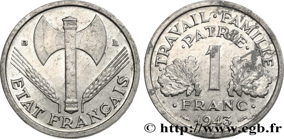 1 franc Francisque, légère 1943 Beaumont-Le-Roger F.223/4 MBC 