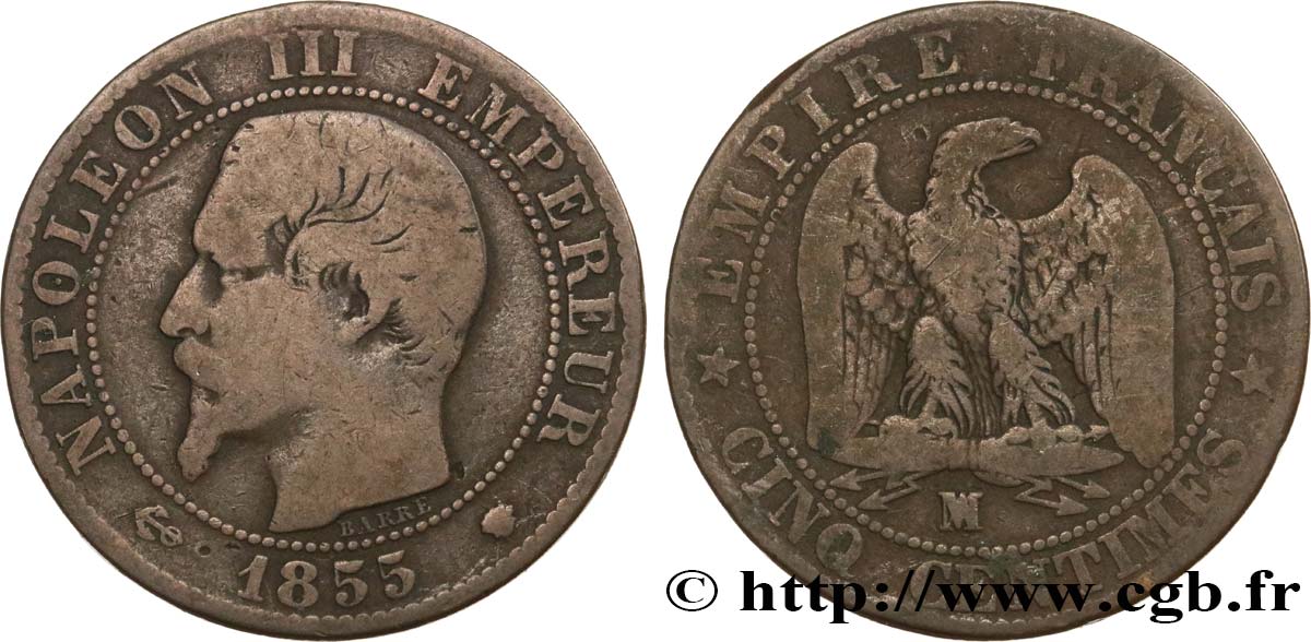 Cinq centimes Napoléon III, tête nue 1855 Marseille F.116/27 SGE10 