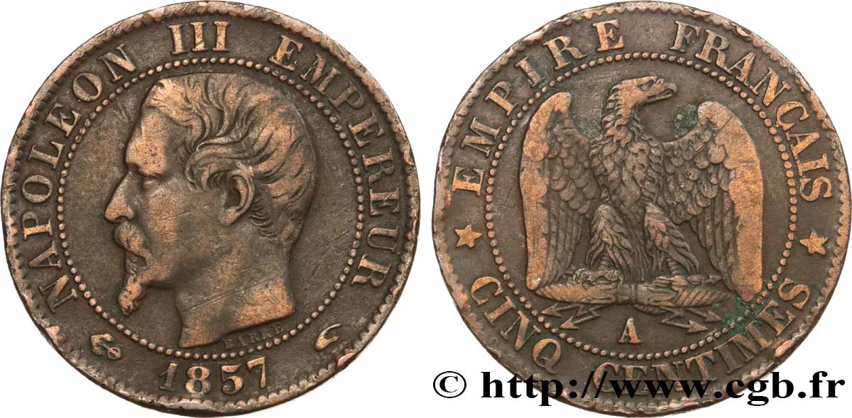 Cinq centimes Napoléon III, tête nue 1857 Paris F.116/37 S20 