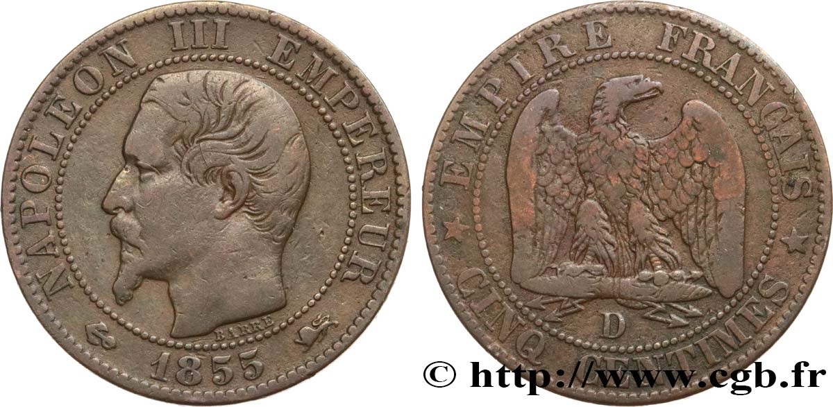 Cinq centimes Napoléon III, tête nue 1855 Lyon F.116/23 S15 