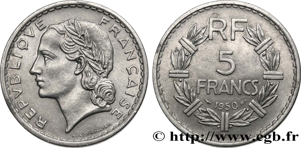 5 francs Lavrillier, aluminium 1950 Beaumont-Le-Roger F.339/21 AU58 