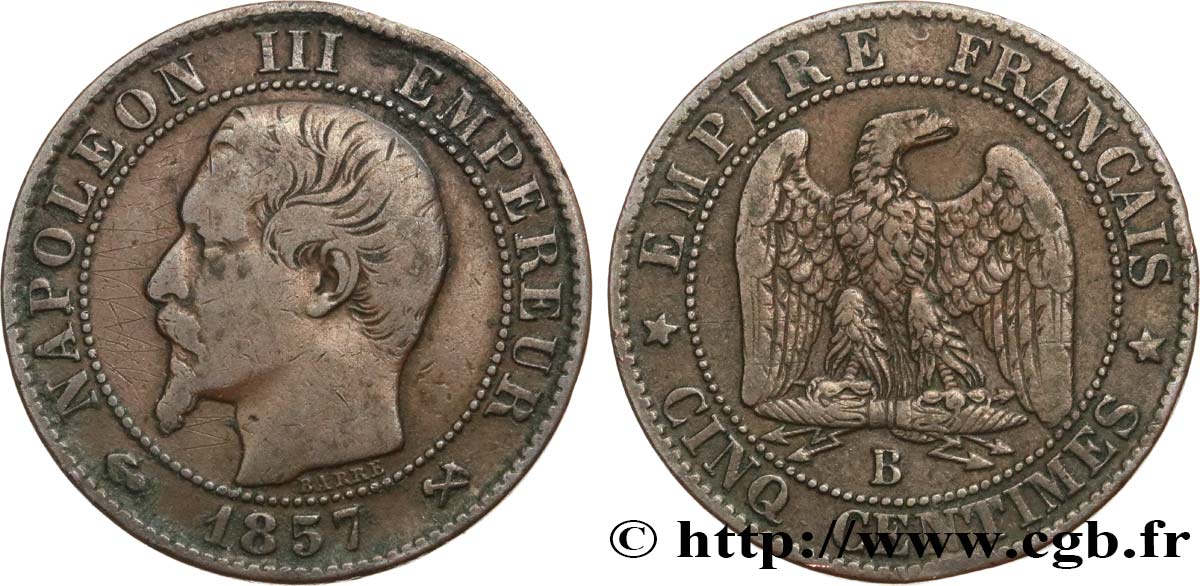 Cinq centimes Napoléon III, tête nue 1857 Rouen F.116/38 TB20 