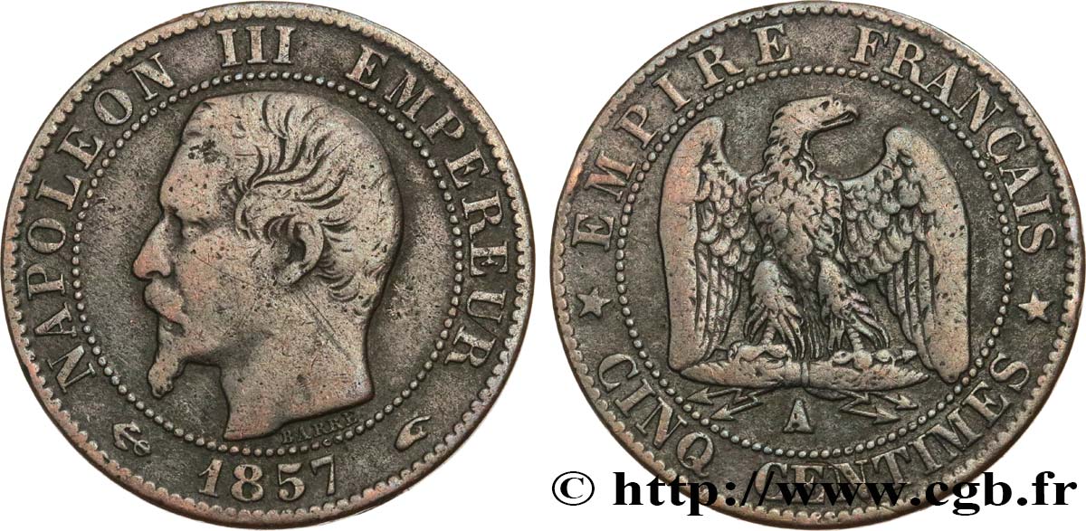 Cinq centimes Napoléon III, tête nue 1857 Paris F.116/37 BC15 