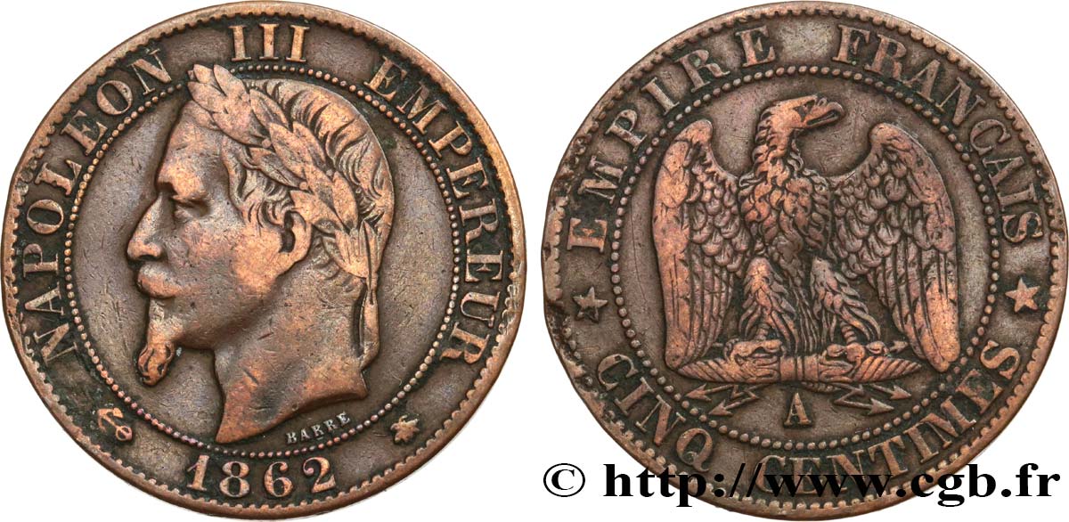 Cinq centimes Napoléon III, tête laurée 1862 Paris F.117/7 TB25 