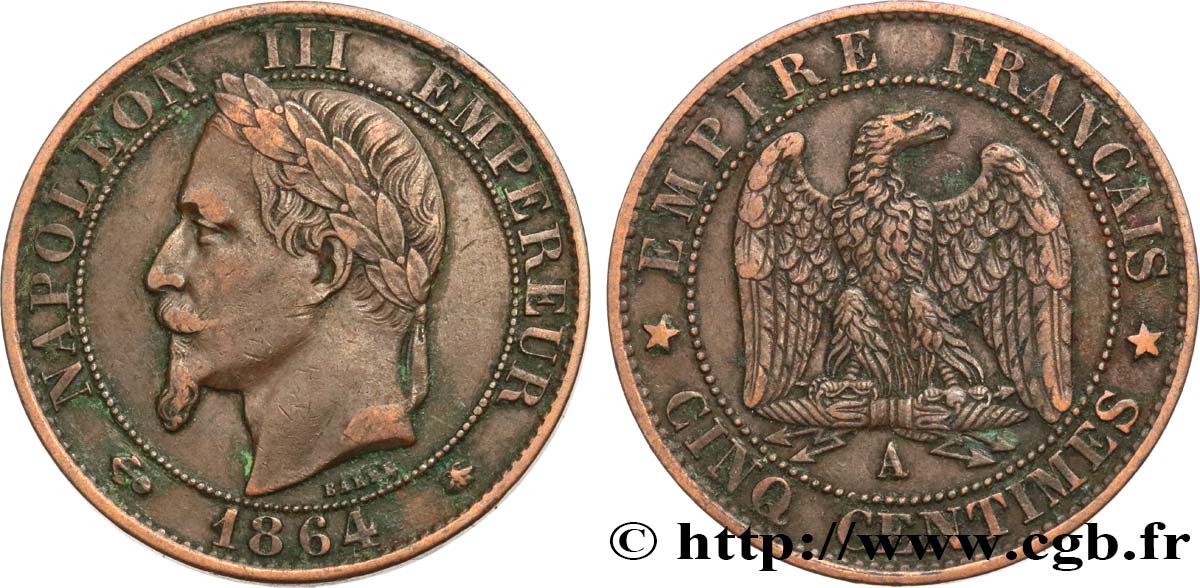Cinq centimes Napoléon III, tête laurée 1864 Paris F.117/13 S35 