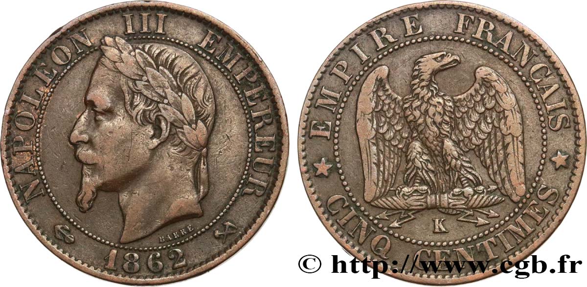 Cinq centimes Napoléon III, tête laurée 1862 Bordeaux F.117/9 MB25 