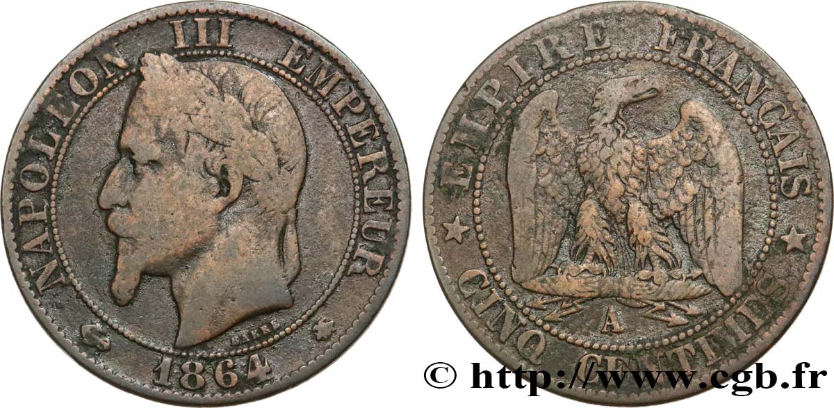 Cinq centimes Napoléon III, tête laurée 1864 Paris F.117/13 q.MB 