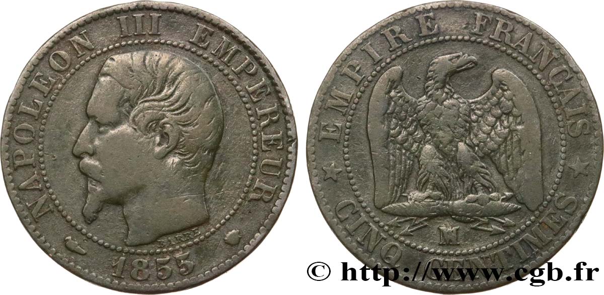Cinq centimes Napoléon III, tête nue 1855 Marseille F.116/26 S15 