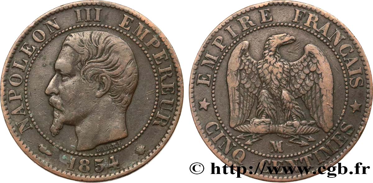 Cinq centimes Napoléon III, tête nue 1854 Marseille F.116/14 VF25 