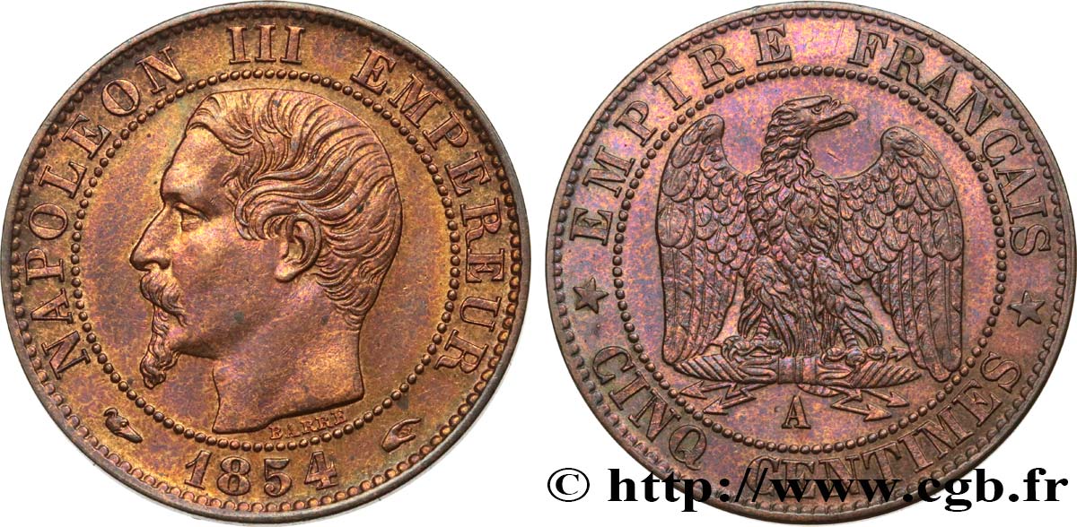 Cinq centimes Napoléon III, tête nue 1854 Paris F.116/8 SUP58 