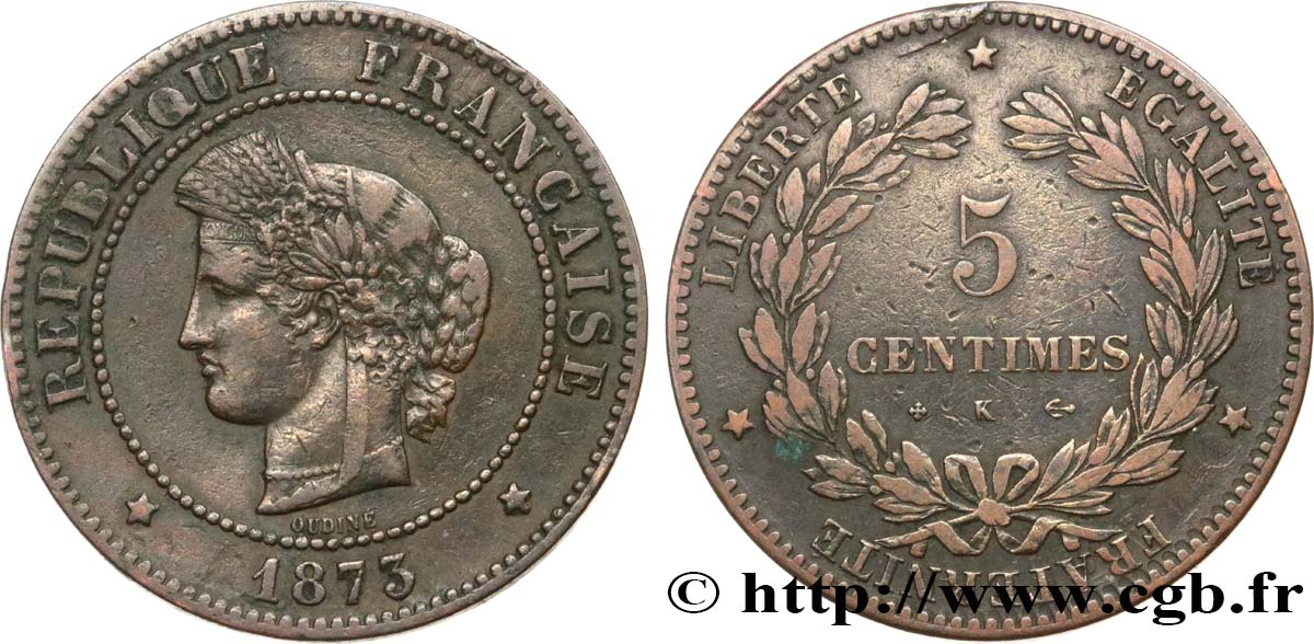5 centimes Cérès 1873 Bordeaux F.118/8 VF25 