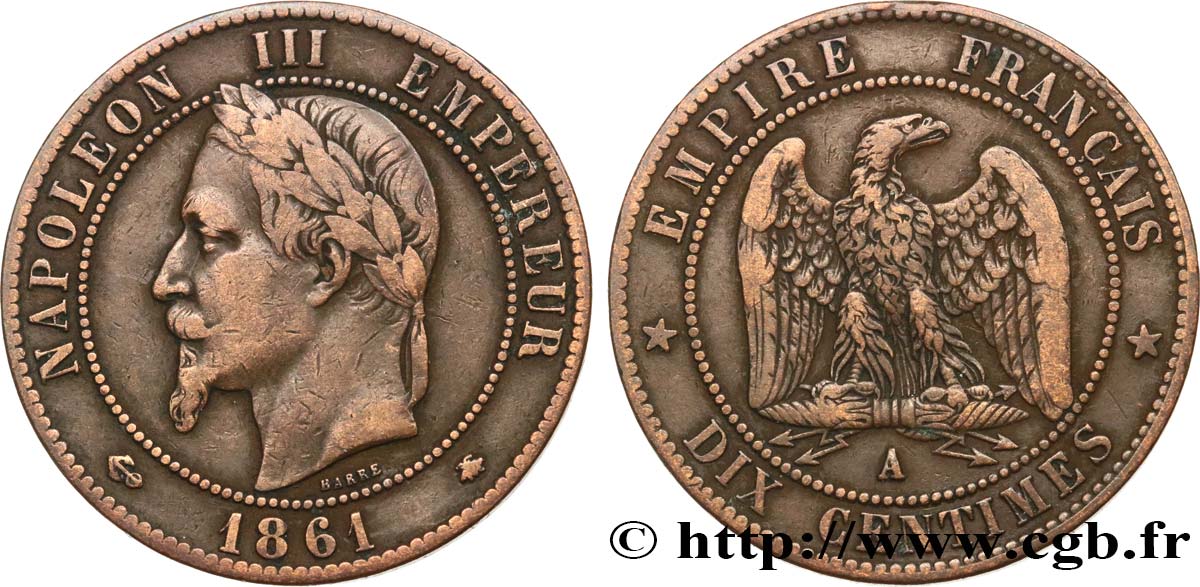 Dix centimes Napoléon III, tête laurée 1861 Paris F.134/4 BC30 
