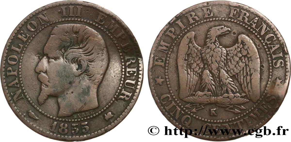 Cinq centimes Napoléon III, tête nue 1855 Bordeaux F.116/24 TB15 