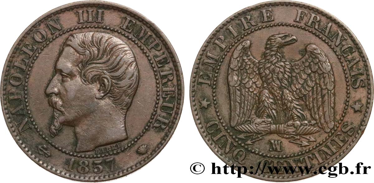 Cinq centimes Napoléon III, tête nue 1857 Marseille F.116/42 BB45 