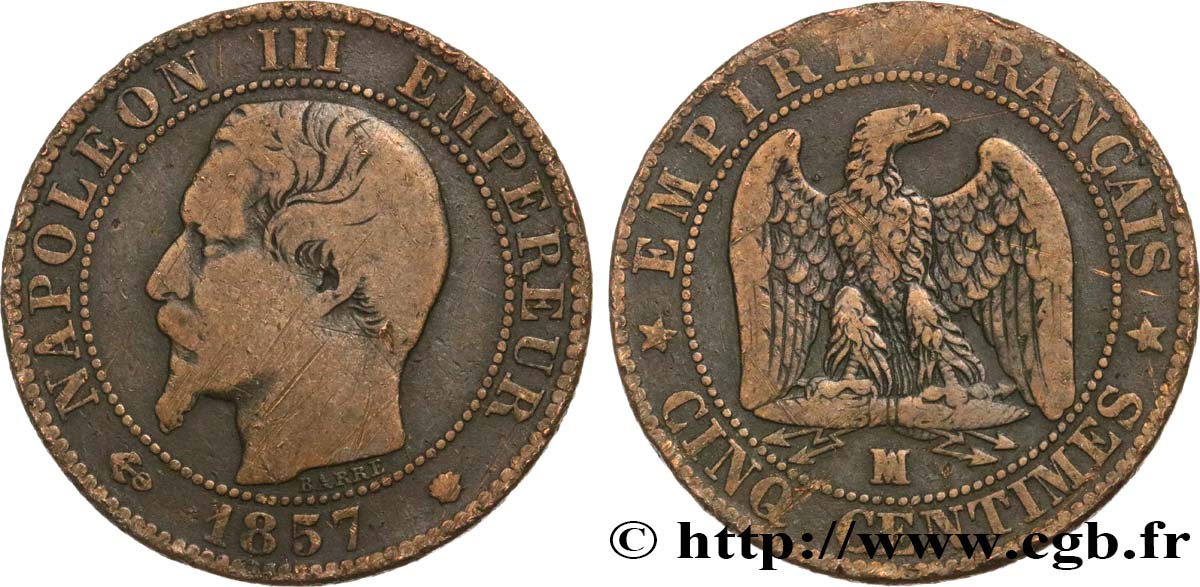Cinq centimes Napoléon III, tête nue 1857 Marseille F.116/42 VF20 
