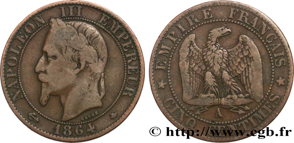 Cinq centimes Napoléon III, tête laurée 1864 Paris F.117/13 TB20 
