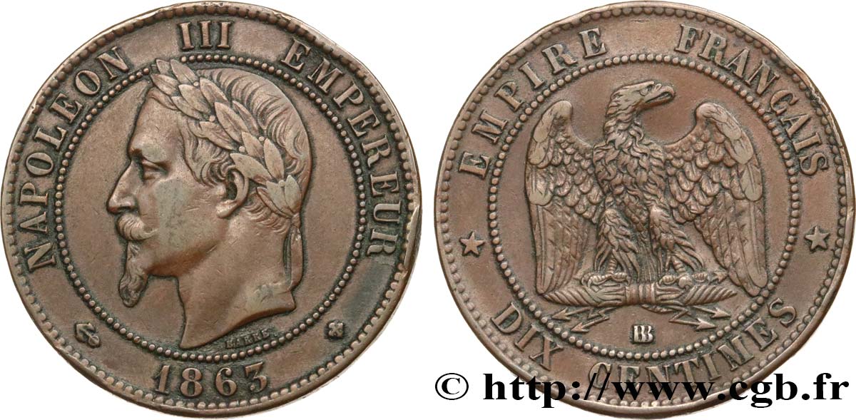 Dix centimes Napoléon III, tête laurée 1863 Strasbourg F.134/11 MBC45 