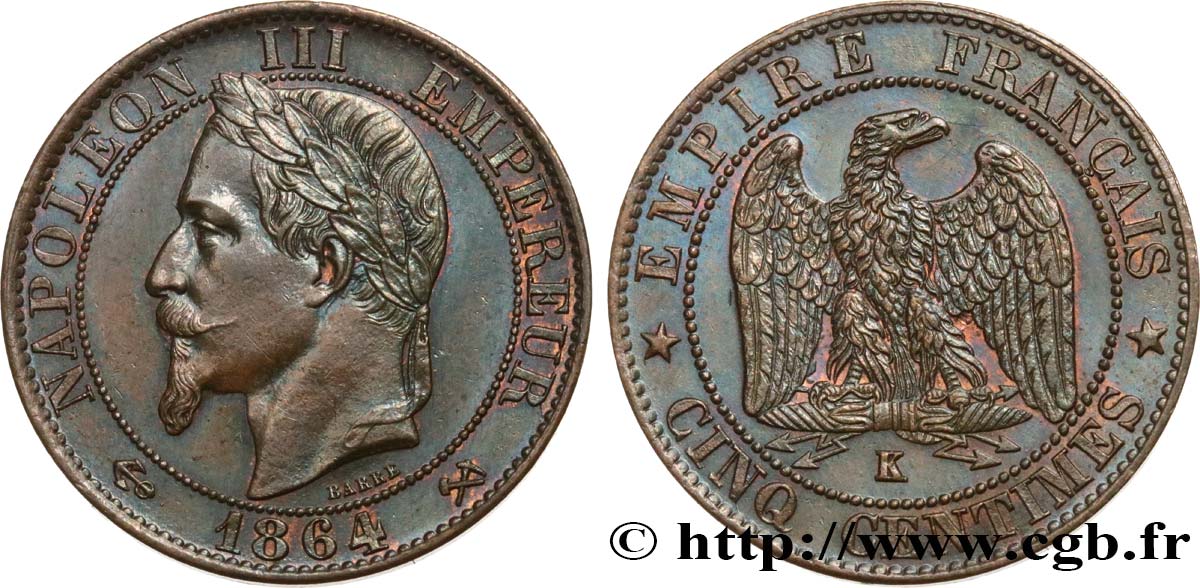 Cinq centimes Napoléon III, tête laurée 1864 Bordeaux F.117/15 VZ58 