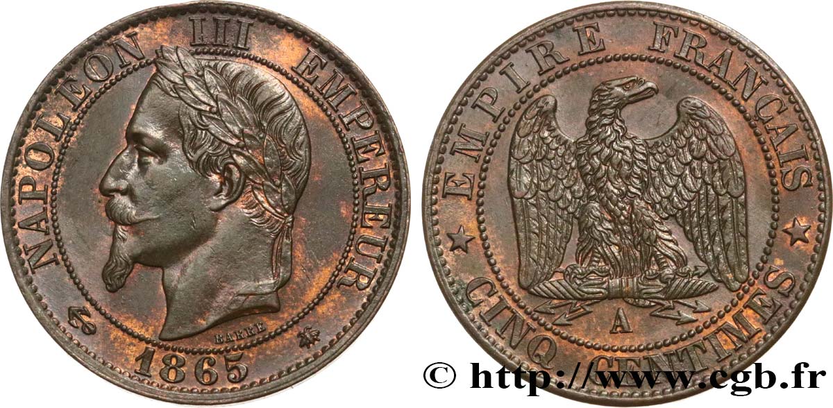 Cinq centimes Napoléon III, tête laurée 1865 Paris F.117/16 TTB53 