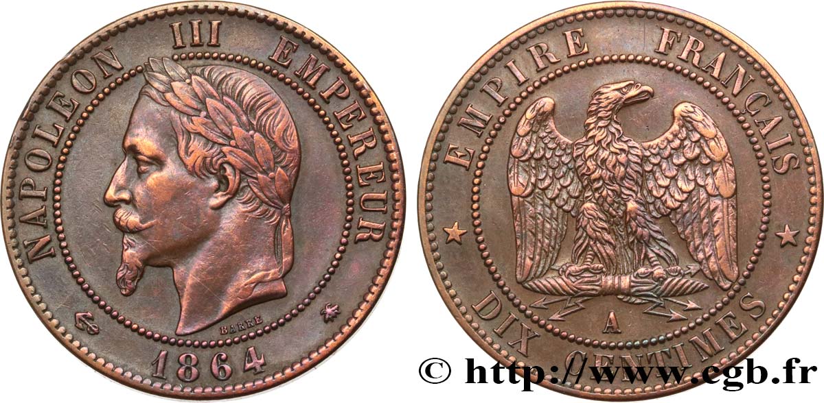 Dix centimes Napoléon III, tête laurée 1864 Paris F.134/13 XF 