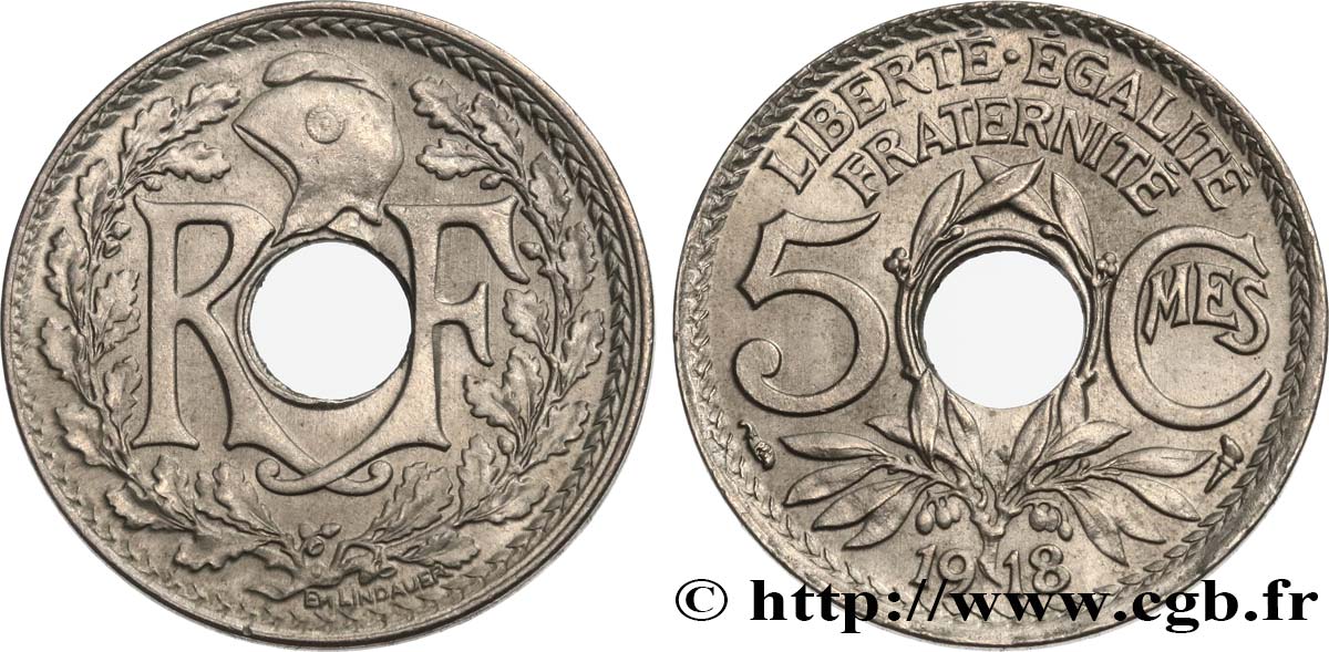 5 centimes Lindauer, grand module 1918 Paris F.121/2 VZ58 