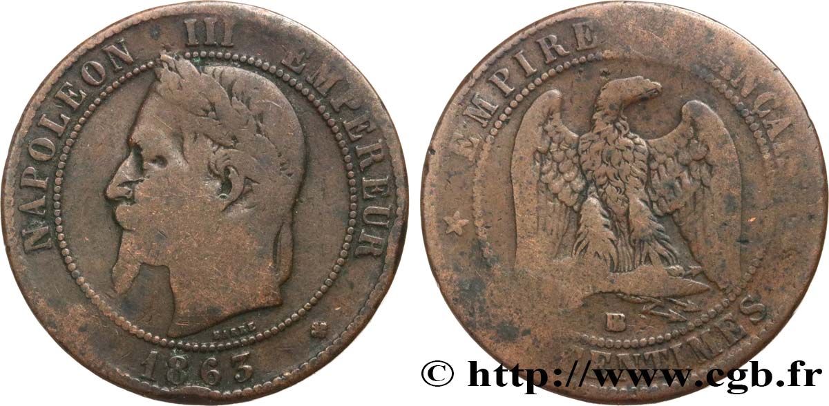 Dix centimes Napoléon III, tête laurée 1863 Strasbourg F.134/11 B10 