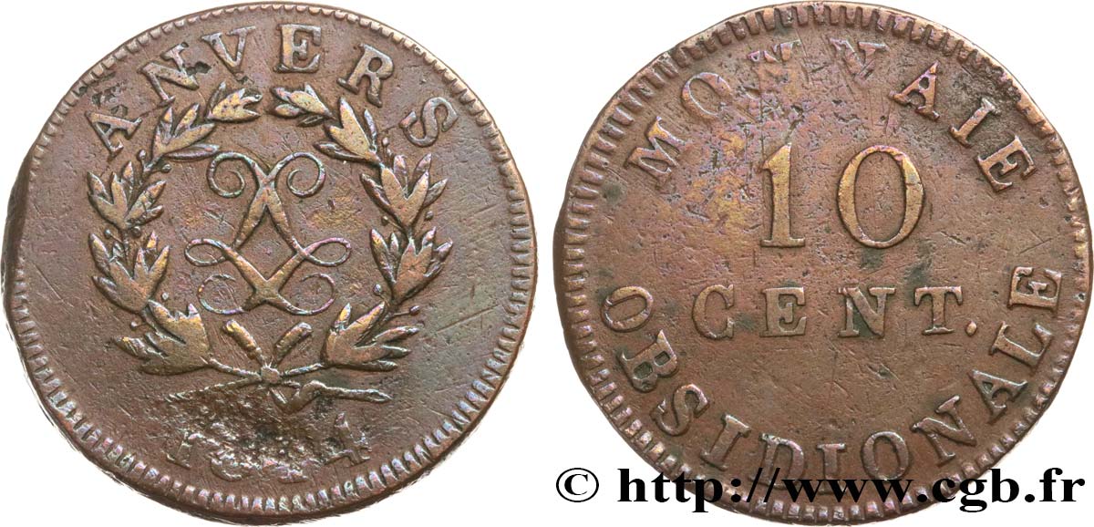 10 cent. Anvers au double L, frappe de l’atelier de Wolschot 1814 Anvers F.130C/2 BC+ 