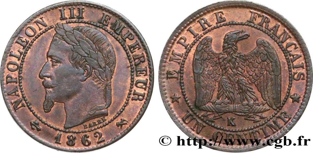 Un centime Napoléon III, tête laurée 1862 Bordeaux F.103/7 EBC55 