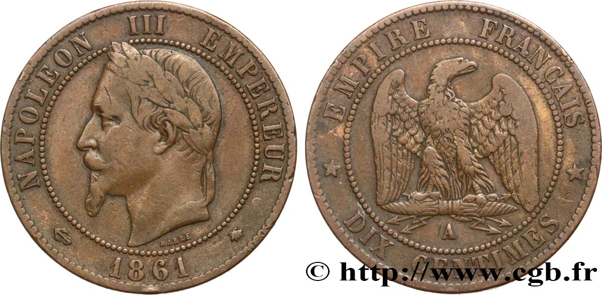Dix centimes Napoléon III, tête laurée 1861 Paris F.134/4 S25 