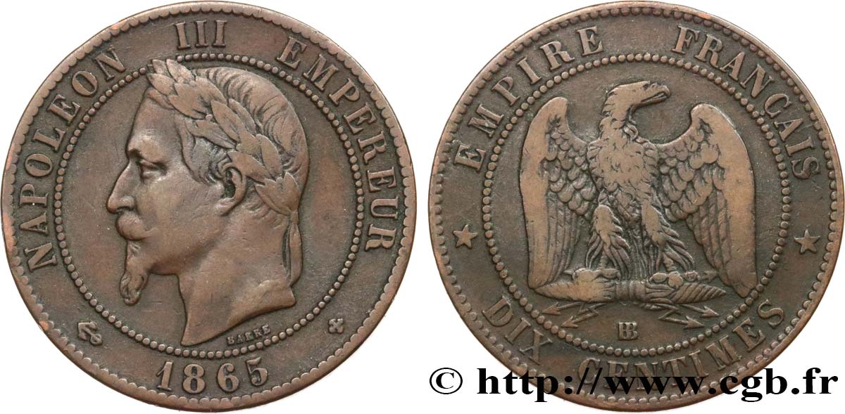 Dix Centimes Napoléon tête laurée 1865 Strasbourg F.134/17 MB20 