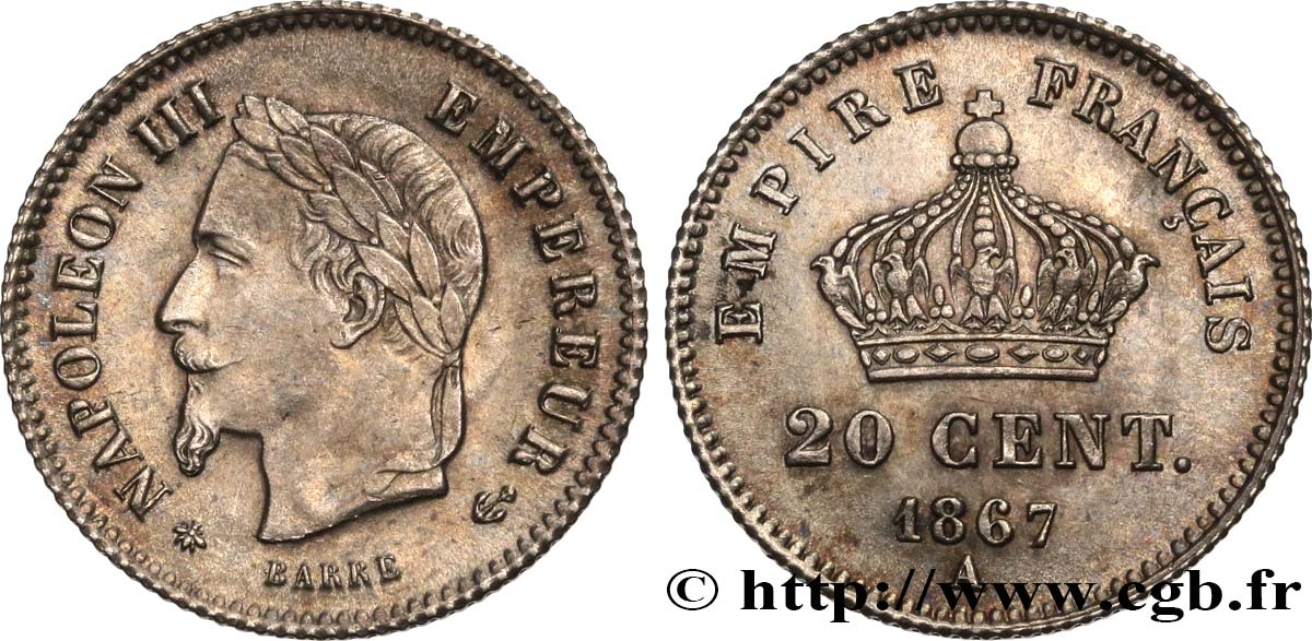 20 centimes Napoléon III, tête laurée, grand module 1867 Paris F.150/1 VZ55 