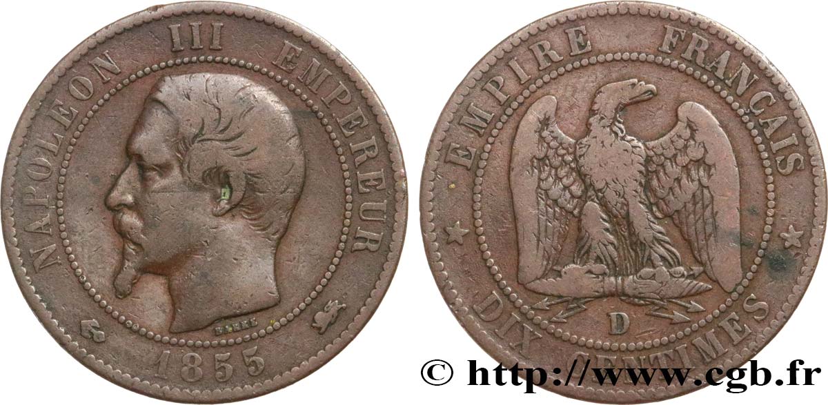 Dix centimes Napoléon III, tête nue 1855 Lyon F.133/26 TB25 