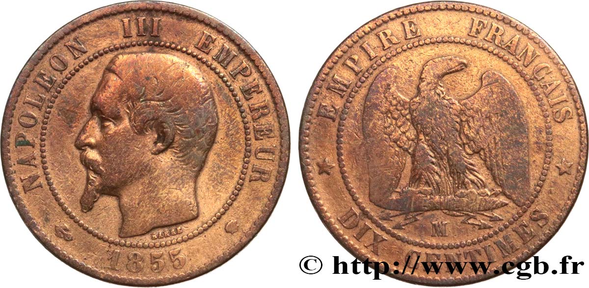 Dix centimes Napoléon III, tête nue 1855 Marseille F.133/31 BC 