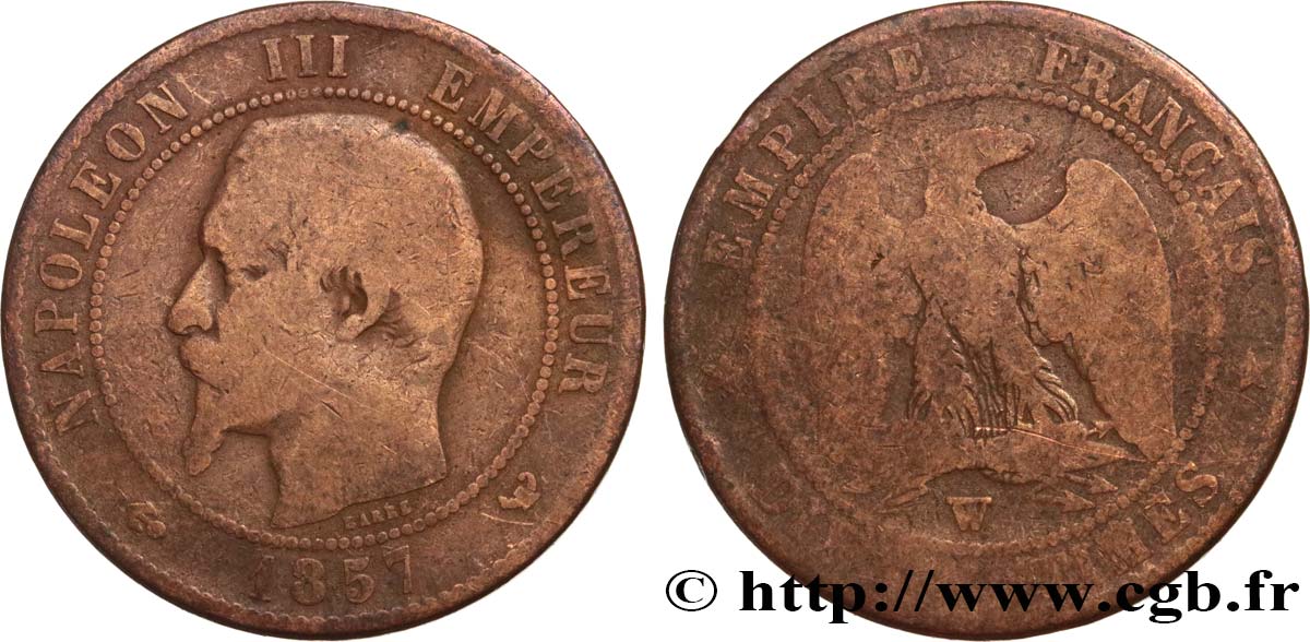 Dix centimes Napoléon III, tête nue 1857 Lille F.133/46 VG8 