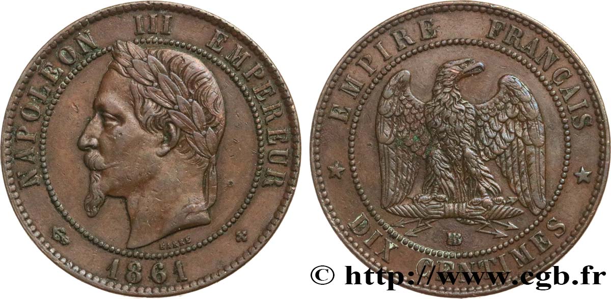 Dix centimes Napoléon III, tête laurée 1861 Strasbourg F.134/5 MBC45 