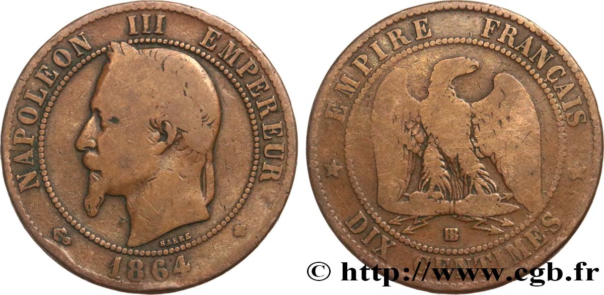 Dix centimes Napoléon III, tête laurée 1864 Strasbourg F.134/14 TB15 