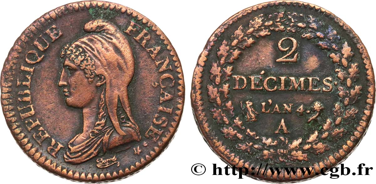2 décimes Dupré 1796 Paris F.145/1 TTB+ 