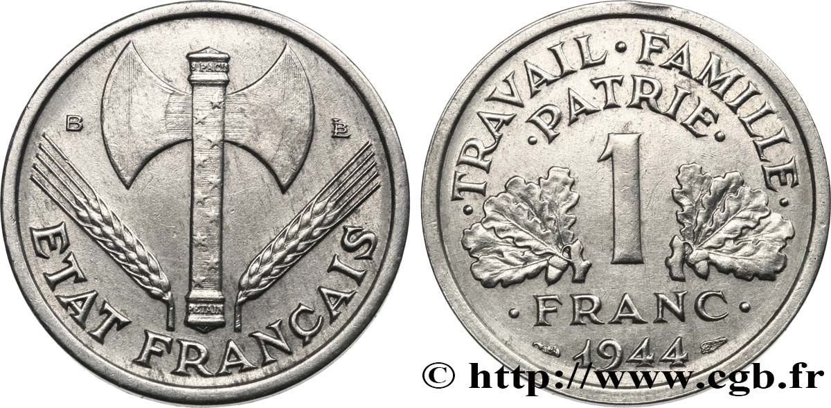 1 franc Francisque, légère 1944 Beaumont-Le-Roger F.223/6 MBC 