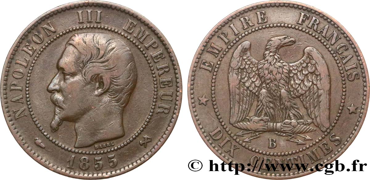 Dix centimes Napoléon III, tête nue 1855 Rouen F.133/21 VF30 