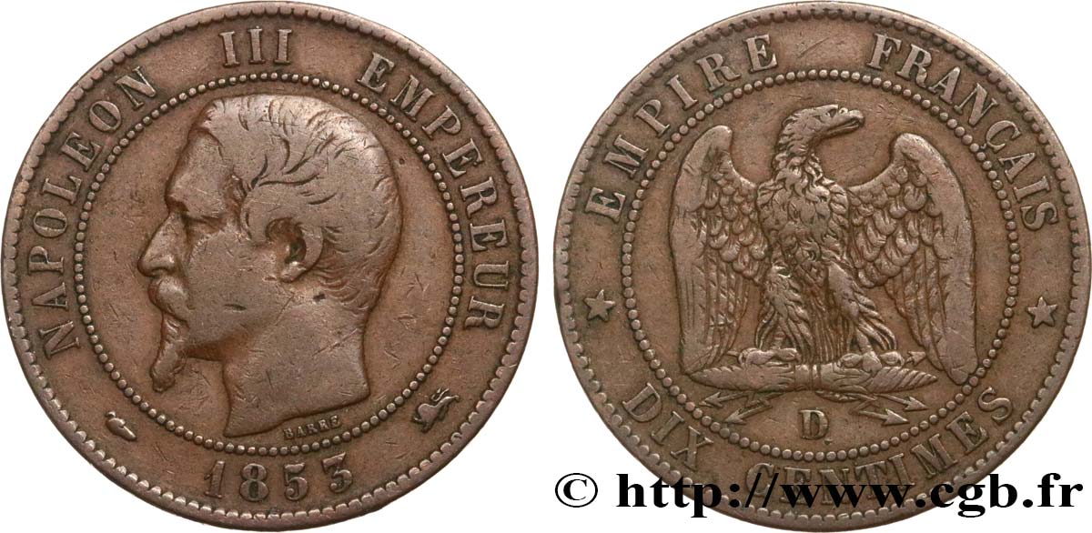 Dix centimes Napoléon III, tête nue 1853 Lyon F.133/5 S25 